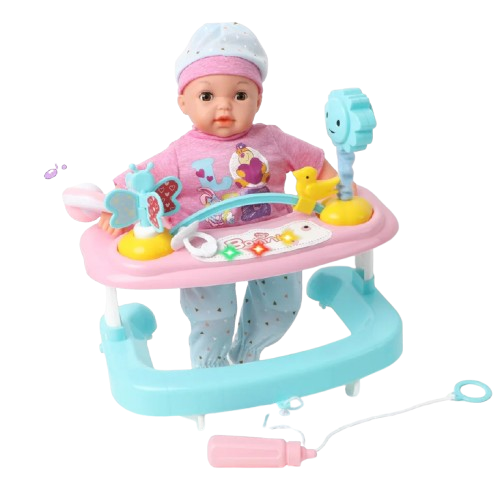 Poupon sur trotteur + accessoires