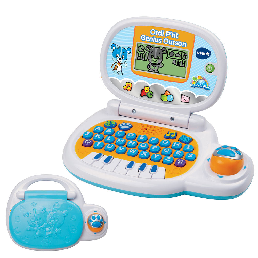 VTech Ordi P'tit Genius Ourson bleu ouvert et fermé, avec sa poignée de transport