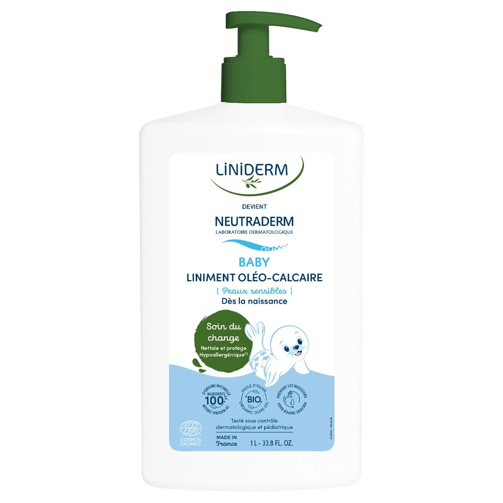 Liniderm devient Neutraderm - Liniment oléo-calcaire BABY 1 L, flacon pompe, Laboratoires Gilbert