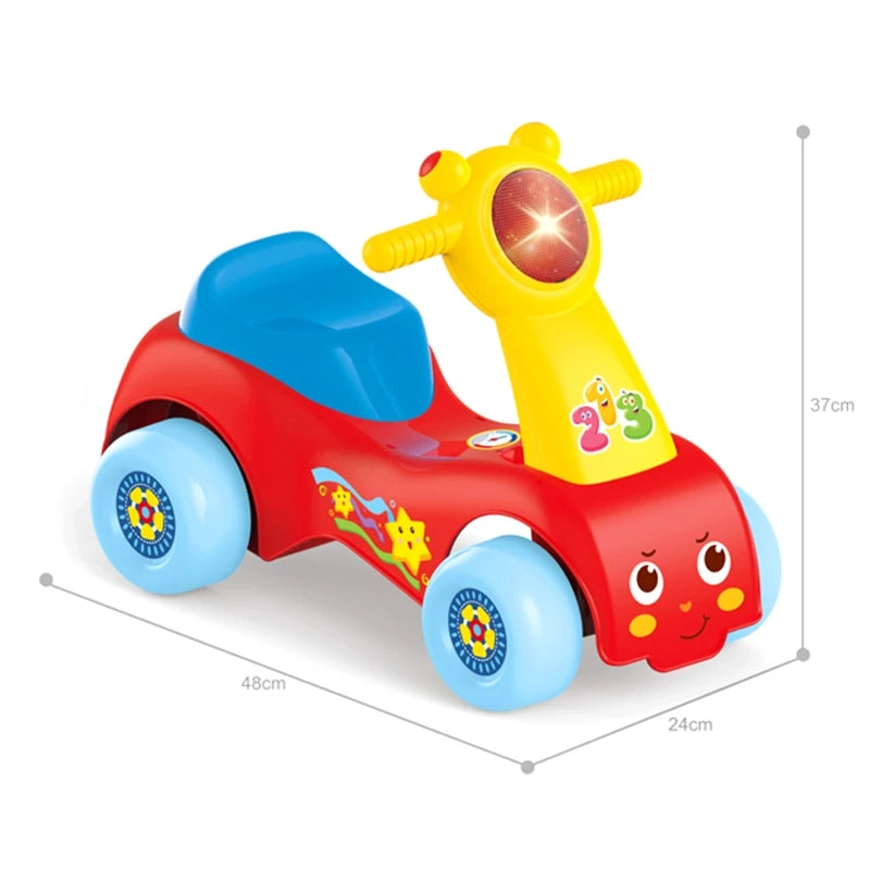Porteur HUANGER Baby Music Rider rouge et jaune avec phare lumineux, guidon, siège bleu et 4 roues, 48 × 24 × 37 cm