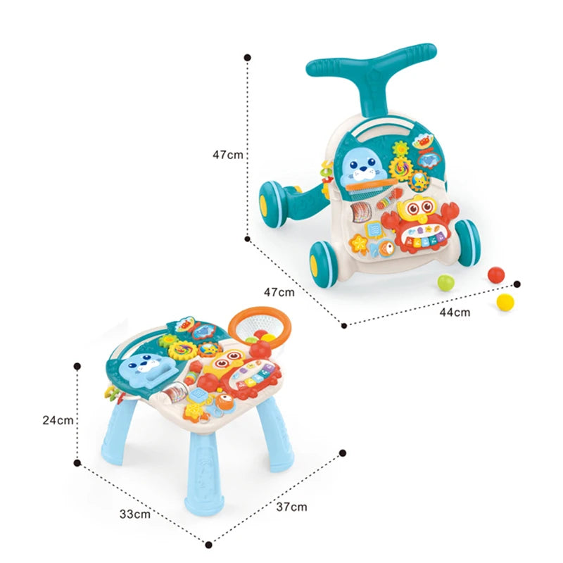 HUANGER 2 en 1 Walker & Active Table vert d'eau : mode trotteur 47 × 47 × 44 cm et mode table 37 × 33 × 24 cm, avec panier de basket et balles