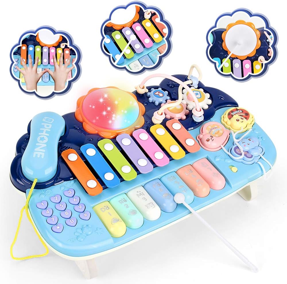 Piano musical multifonction Sobebear bleu avec xylophone, tambour et téléphone