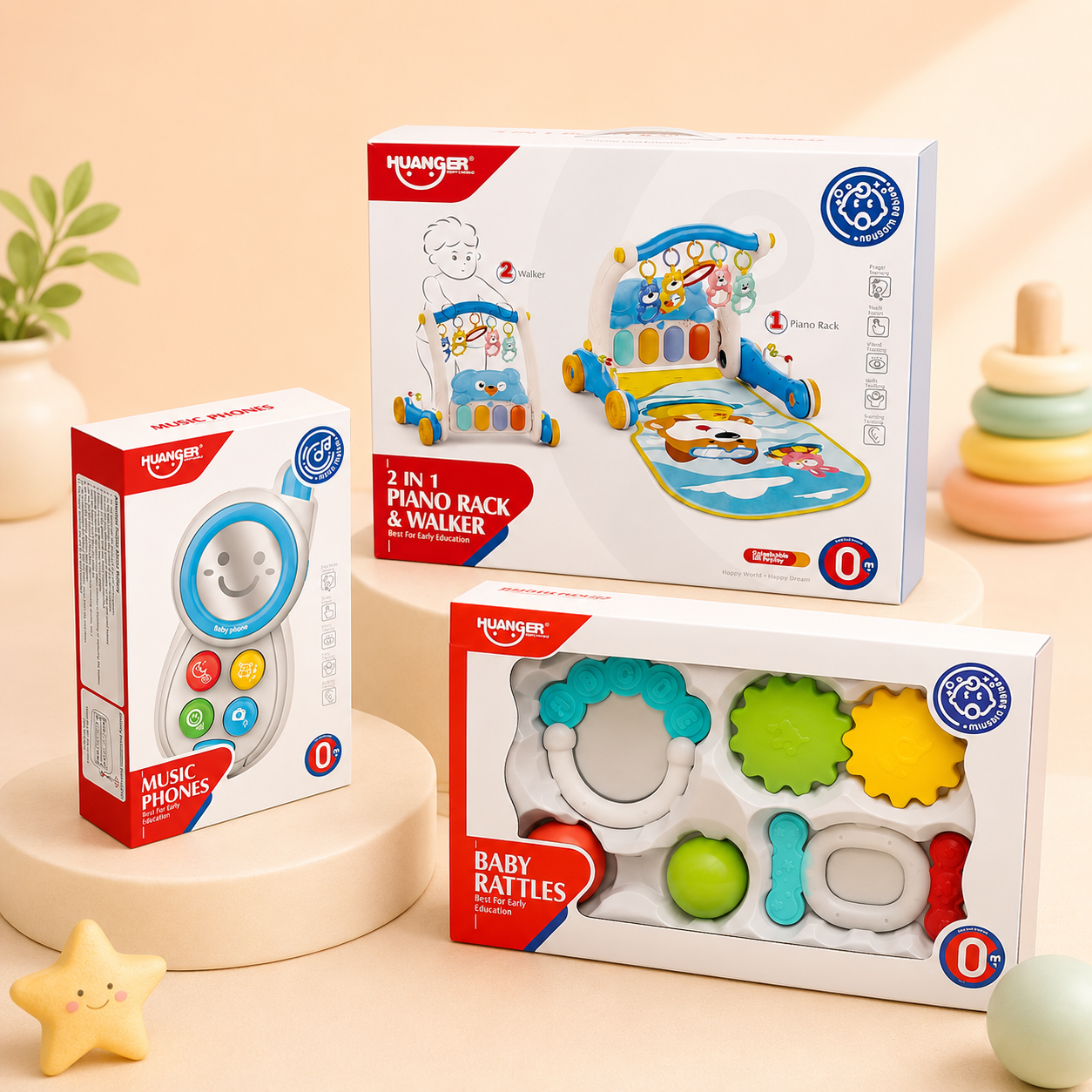 Pack Éveil Bébé 3 en 1 – Trotteur Piano, Téléphone Musical & Hochets Sensoriels