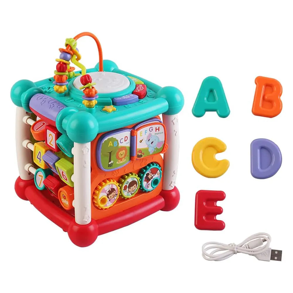Cube d'activités Kids Melody avec ses 5 blocs-lettres et son câble USB de recharge