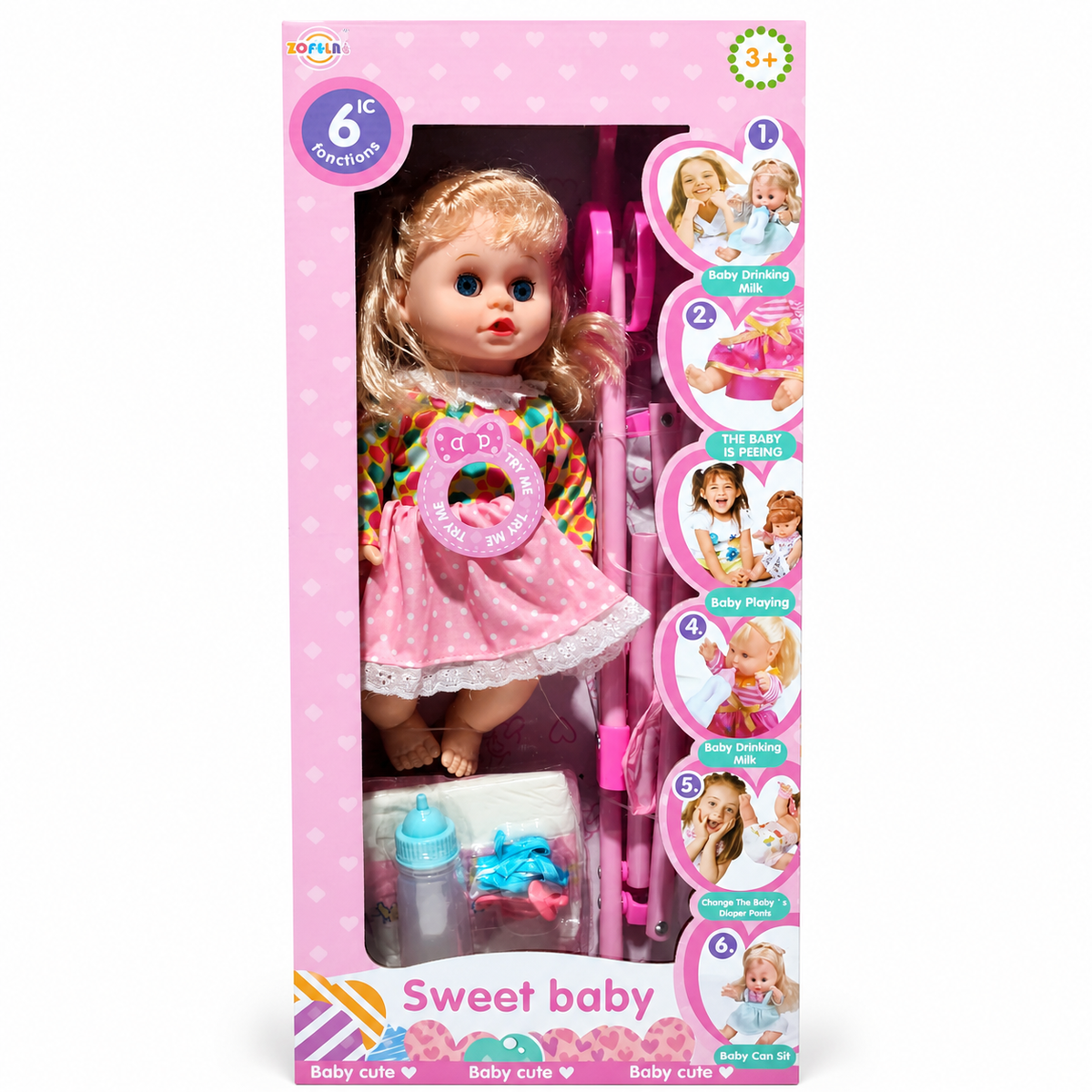 Sweet Baby – Poupée interactive 6 fonctions avec poussette et accessoires