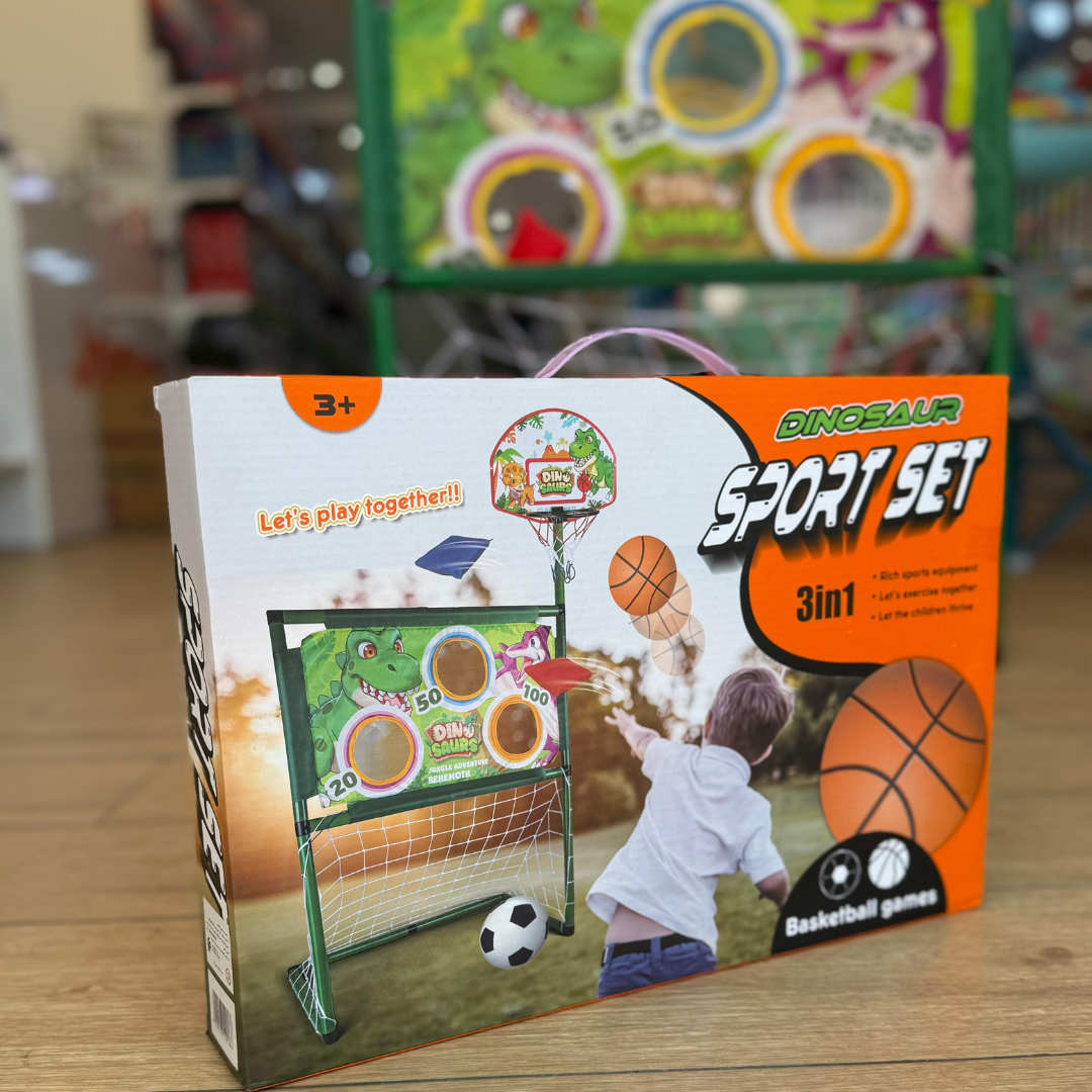 Set de Sport Dinosaure 3 en 1 – But, Panier & Cible à Points