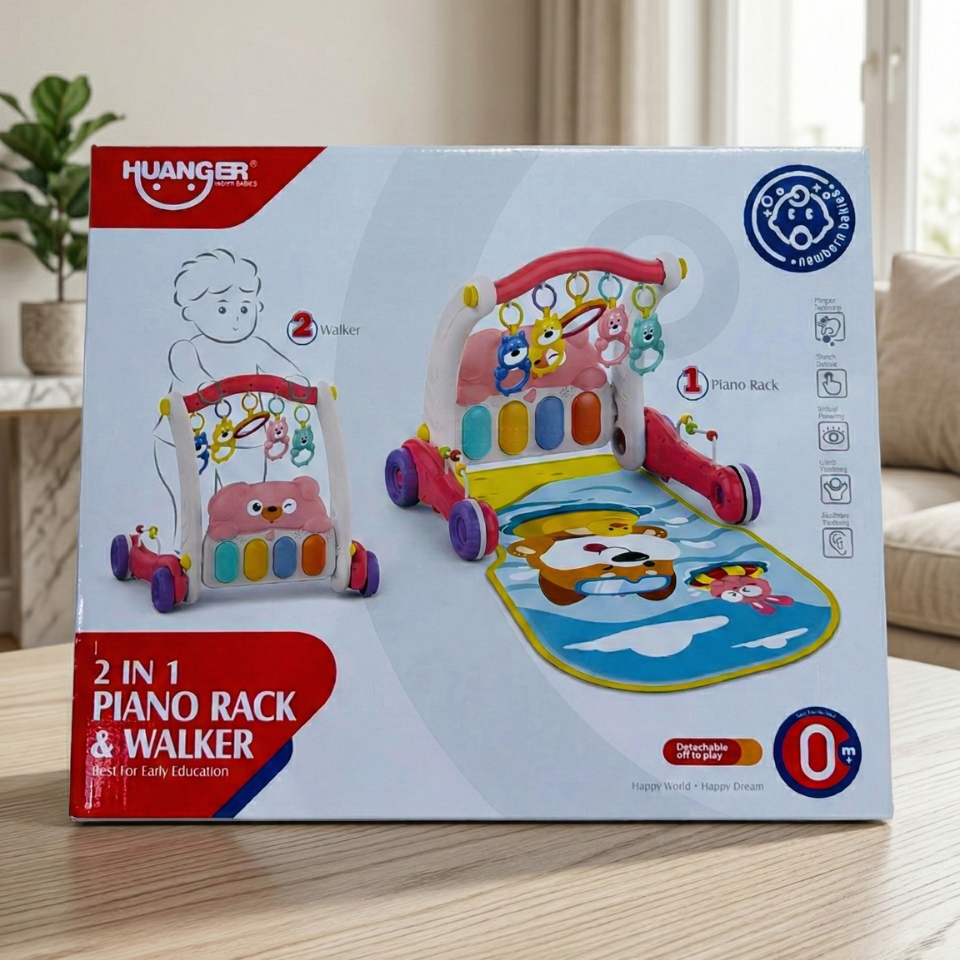 Trotteur Bébé 2 en 1 avec Piano & Tapis d’Éveil