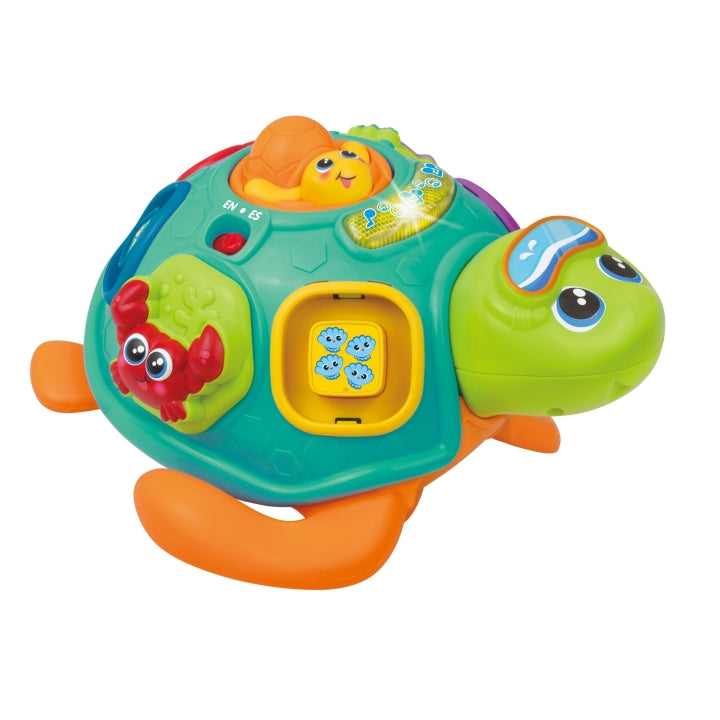 Tortue Winfun vue de trois quarts, sélecteur de langue EN/ES visible sur la carapace