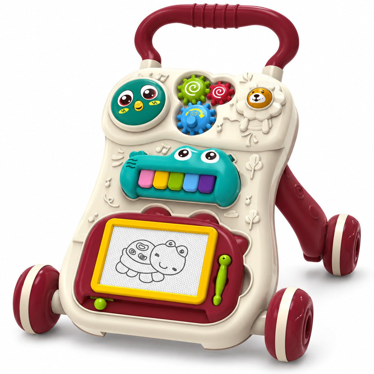 Trotteur Baby Music Walker crème et bordeaux avec ardoise magique, piano crocodile 5 touches, engrenages et 4 roues