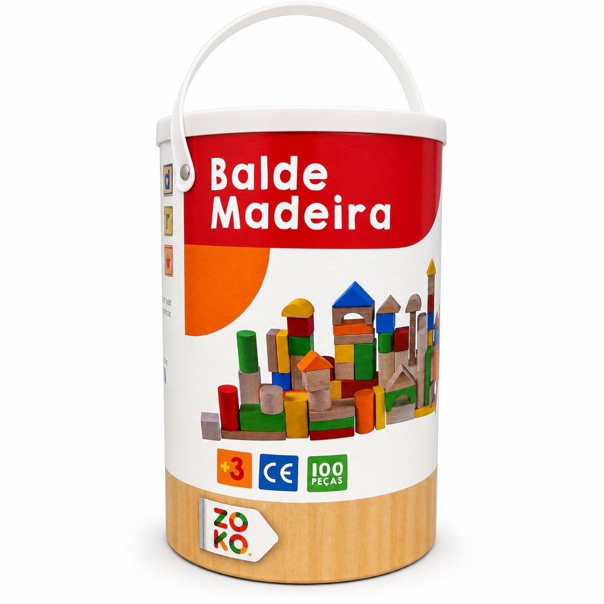 Seau ZOKO Balde Madeira de 100 blocs de construction en bois naturel et colorés, norme CE, dès 3 ans