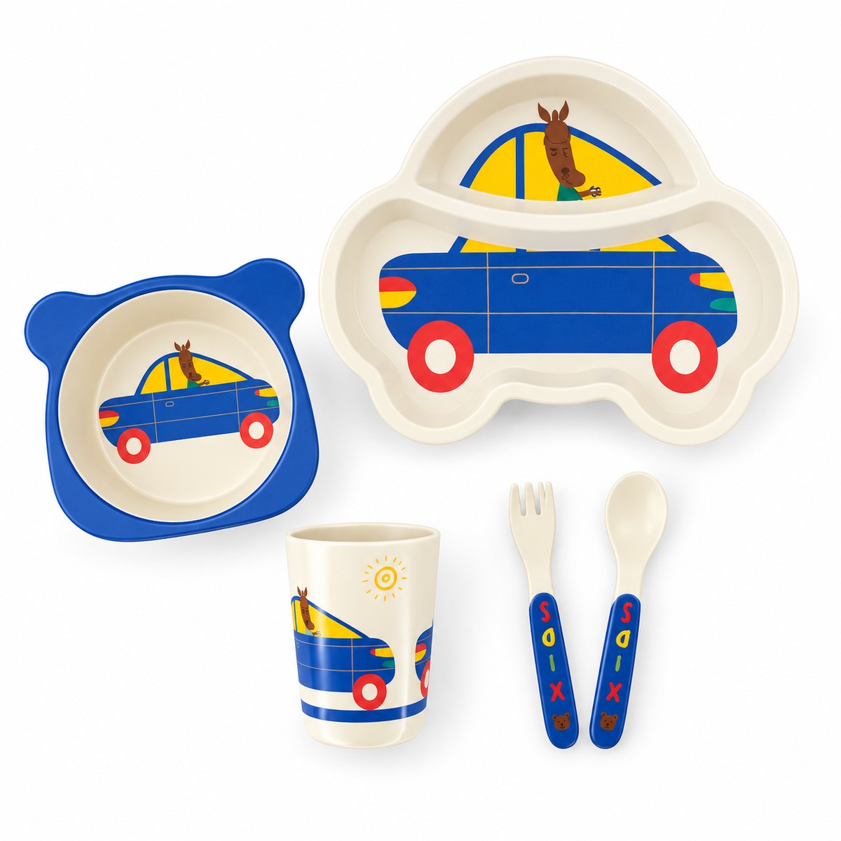 Set vaisselle bébé bambou 5 pièces voiture bleue : assiette, bol, gobelet, cuillère et fourchette