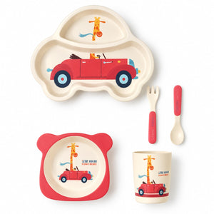 Assiette en forme de voiture rouge à compartiments avec girafe au volant, bol et gobelet