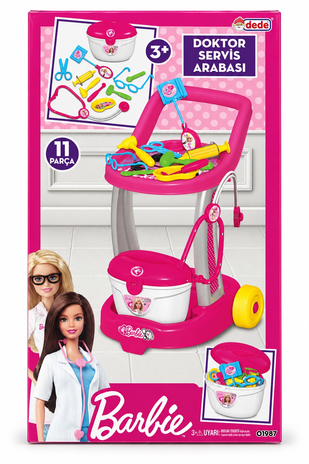 Boîte Barbie chariot de docteur Dede réf. 01987 : 11 pièces avec stéthoscope, seringue, lunettes et bassine, dès 3 ans