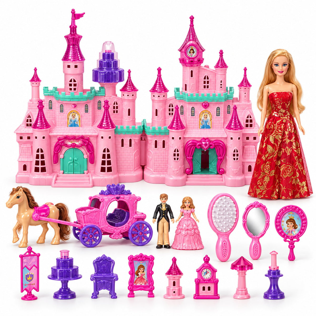 Château de princesse rose Beautiful avec poupée en robe rouge, carrosse, cheval et mobilier