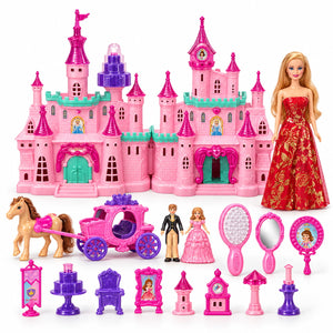 Château de princesse rose Beautiful avec poupée en robe rouge, carrosse, cheval et mobilier