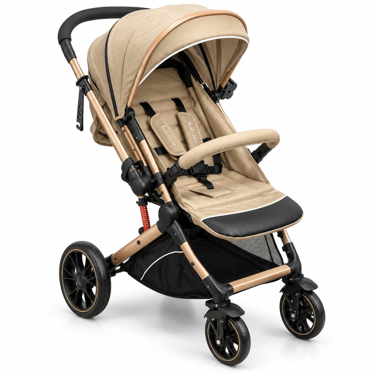 Poussette Belecoo beige à châssis doré, suspensions à ressort et grandes roues à rayons