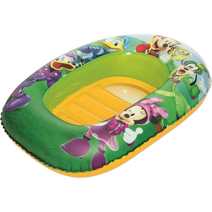 Bateau gonflable Bestway Mickey and the Roadster Racers vu de dessus, boudin vert et jaune avec Mickey, Minnie et Donald