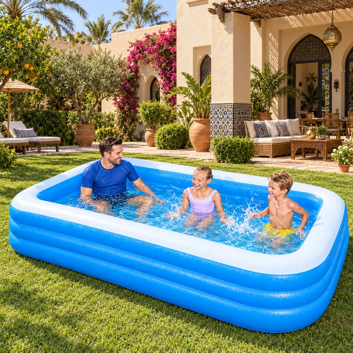 Piscine gonflable familiale Bestway 3,05 m installée sur la pelouse d'un jardin, un père et deux enfants s'y baignent