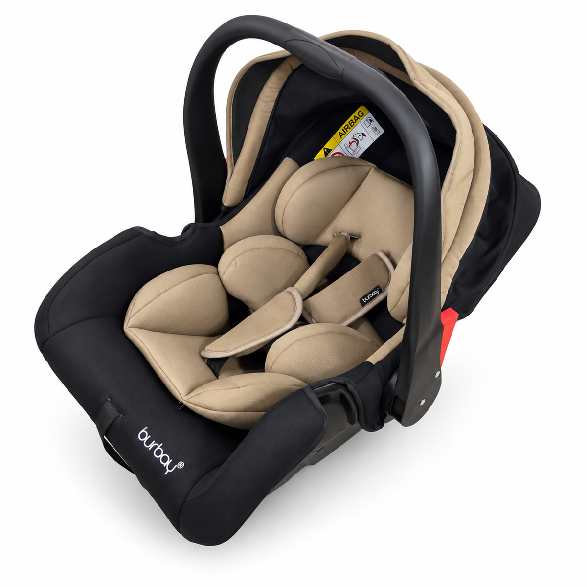 Burbay Siège auto coque noir et beige – groupe 0+, harnais rembourré, réducteur, canopée pare-soleil et anse de transport