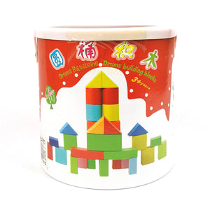 Seau de blocs de construction en bois, couvercle et illustration de château en blocs colorés