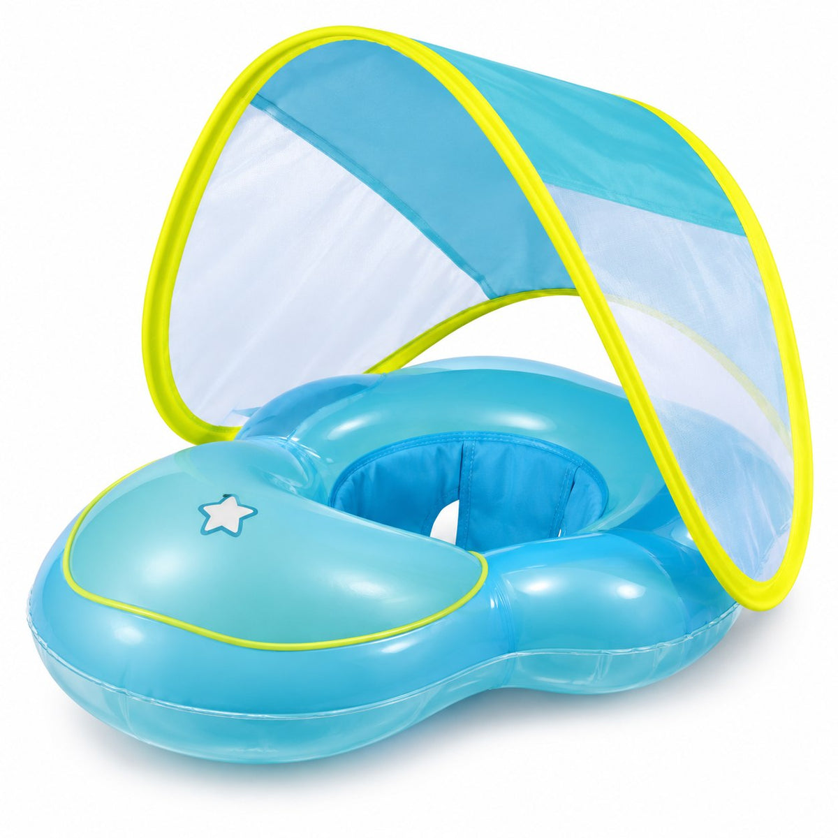 Bouée bébé bleue avec pare-soleil pliable à fenêtres en filet, siège à passages de jambes et appui rembourré étoilé