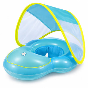 Bouée bébé bleue avec pare-soleil pliable à fenêtres en filet, siège à passages de jambes et appui rembourré étoilé