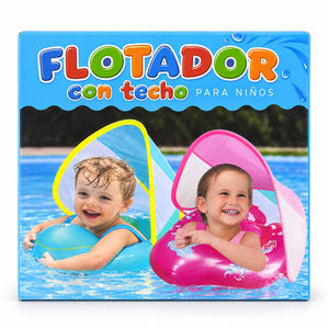 Boîte de la bouée bébé avec pare-soleil montrant les modèles bleu et rose utilisés en piscine