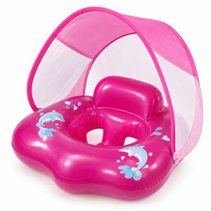Bouée bébé rose à motif dauphins avec pare-soleil pliable à fenêtres en filet et dossier rembourré