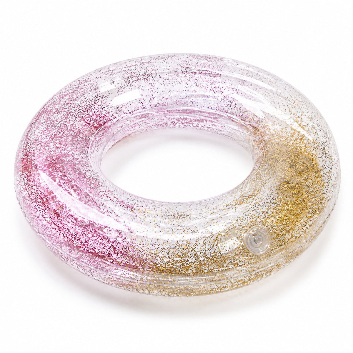 Bouée gonflable transparente 70 cm remplie de paillettes rose et doré avec valve de sécurité