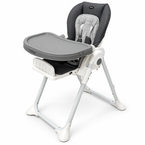 Chaise haute Burbay gris et blanc de trois quarts : assise coque anthracite matelassée, réducteur, plateau gris amovible et repose-pieds large