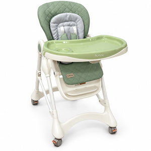 Chaise haute Burbay vert sauge vue de face : dossier haut capitonné, plateau à rebord creusé et repose-pieds