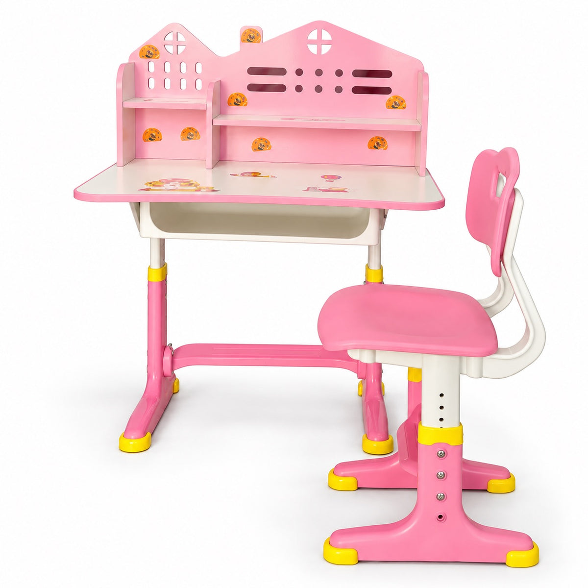 Bureau enfant rose avec chaise assortie, étagère en forme de maisons et bac de rangement sous le plateau