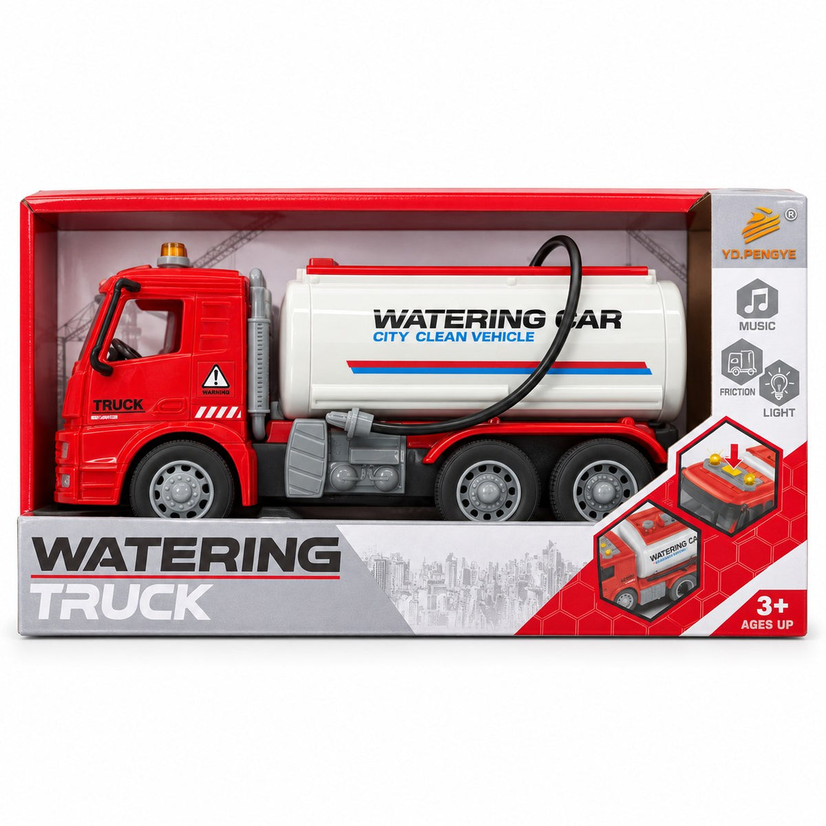 Camion d'arrosage jouet rouge et blanc à friction YD.PENGYE avec citerne Watering Car, gyrophare, musique et lumières, dans sa boîte