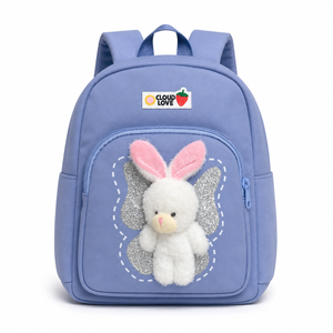Sac à dos crèche bleu avec doudou lapin amovible