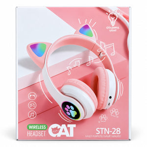 Casque sans fil enfant STN-28 rose à oreilles de chat lumineuses LED, dans sa boîte