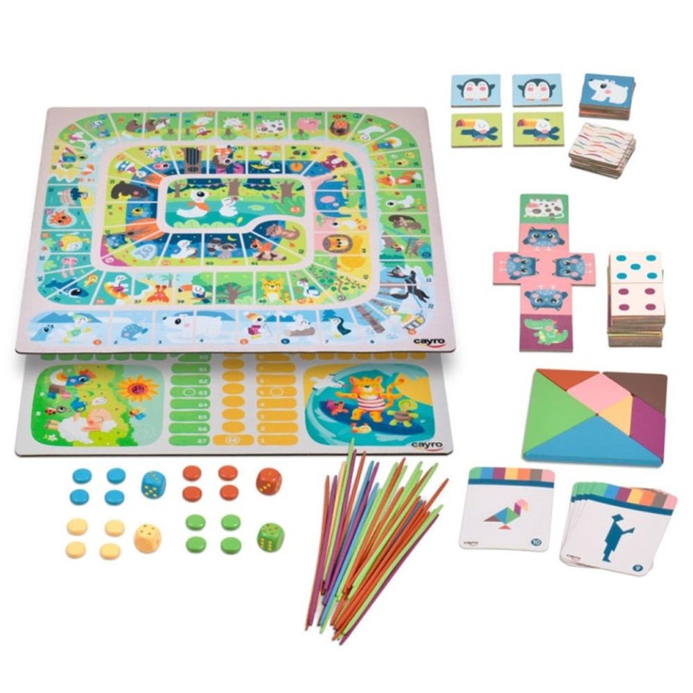 Contenu du coffret Cayro My First Games : plateau, dominos, memory, tangram, mikado, pions et dés
