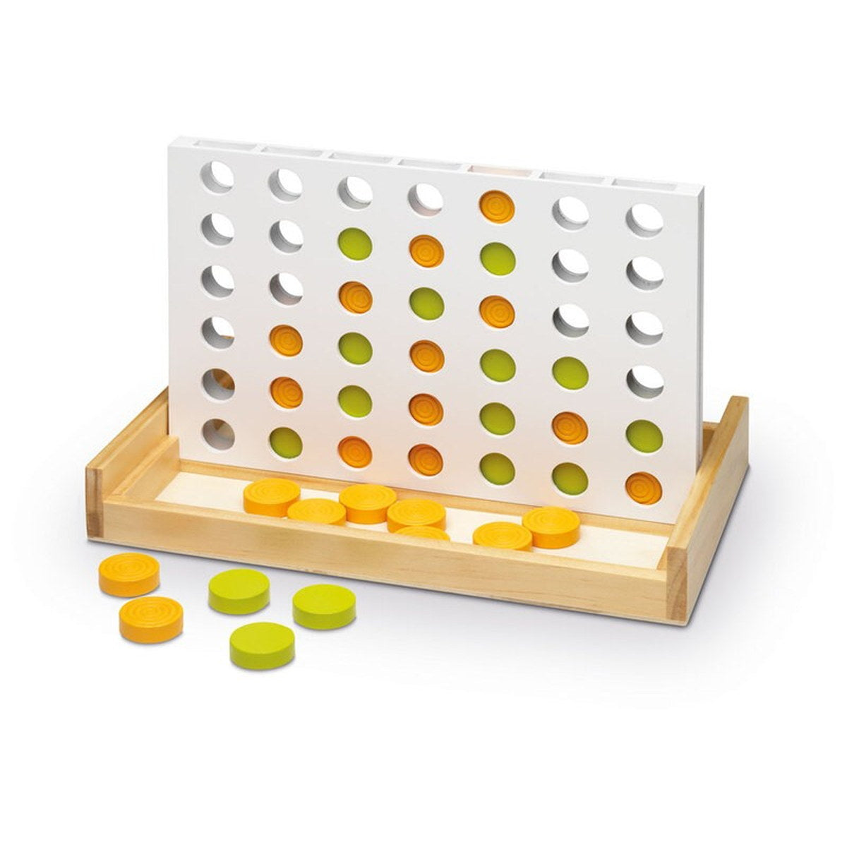 Puissance 4 en bois Cayro : grille blanche sur socle bois avec jetons orange et vert