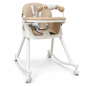 Chaise haute 3 en 1 beige en position basse sur 4 roulettes
