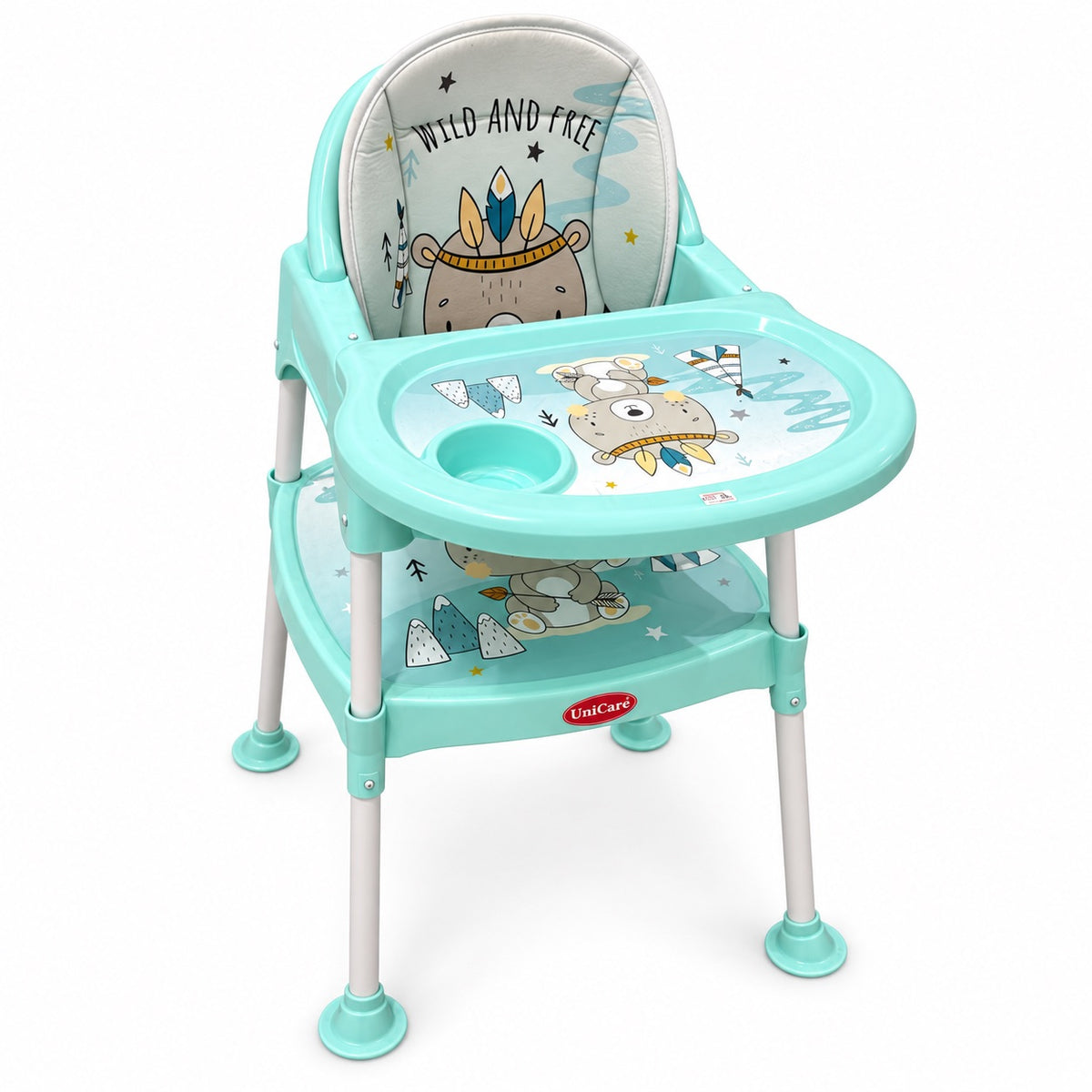 Chaise haute 3 en 1 UniCaré menthe motif Wild and Free, avec tablette amovible à porte-gobelet