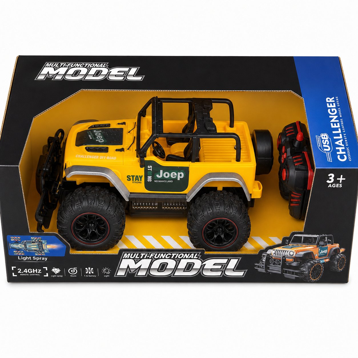 4x4 tout-terrain radiocommandé Challenger jaune à brume lumineuse, musique et batterie rechargeable, dans sa boîte