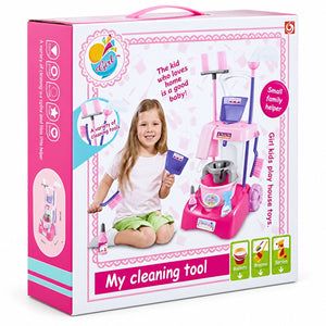 Boîte du chariot de ménage enfant : vue d'ensemble du set et des accessoires