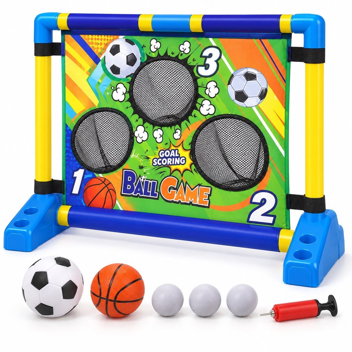 Cible de sport 3 en 1 Ball Game avec 3 filets numérotés, ballon de foot, basket, 3 balles et pompe