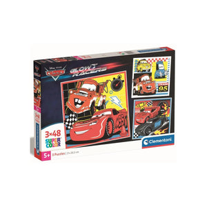 Boîte du coffret Clementoni Disney Cars Glow Racers, 3 puzzles de 48 pièces, dès 5 ans