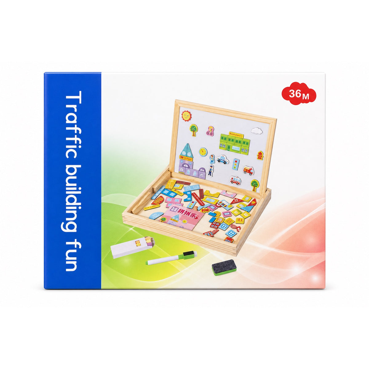 Coffret en bois Traffic Building Fun ouvert : tableau magnétique blanc, pièces aimantées sur le thème de la ville, feutre effaçable et craies