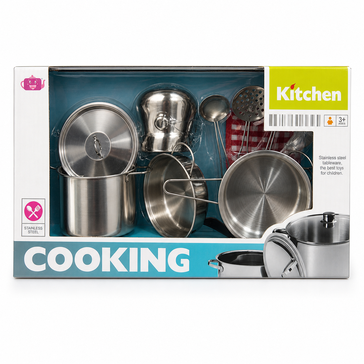 Coffret cuisine COOKING en acier inoxydable pour enfants : casseroles, poêle, louche, écumoire, dès 3 ans