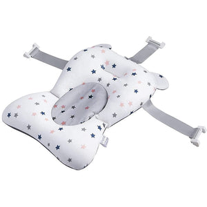 Coussin de bain bébé vu de trois quarts avec ses 4 sangles réglables à clip