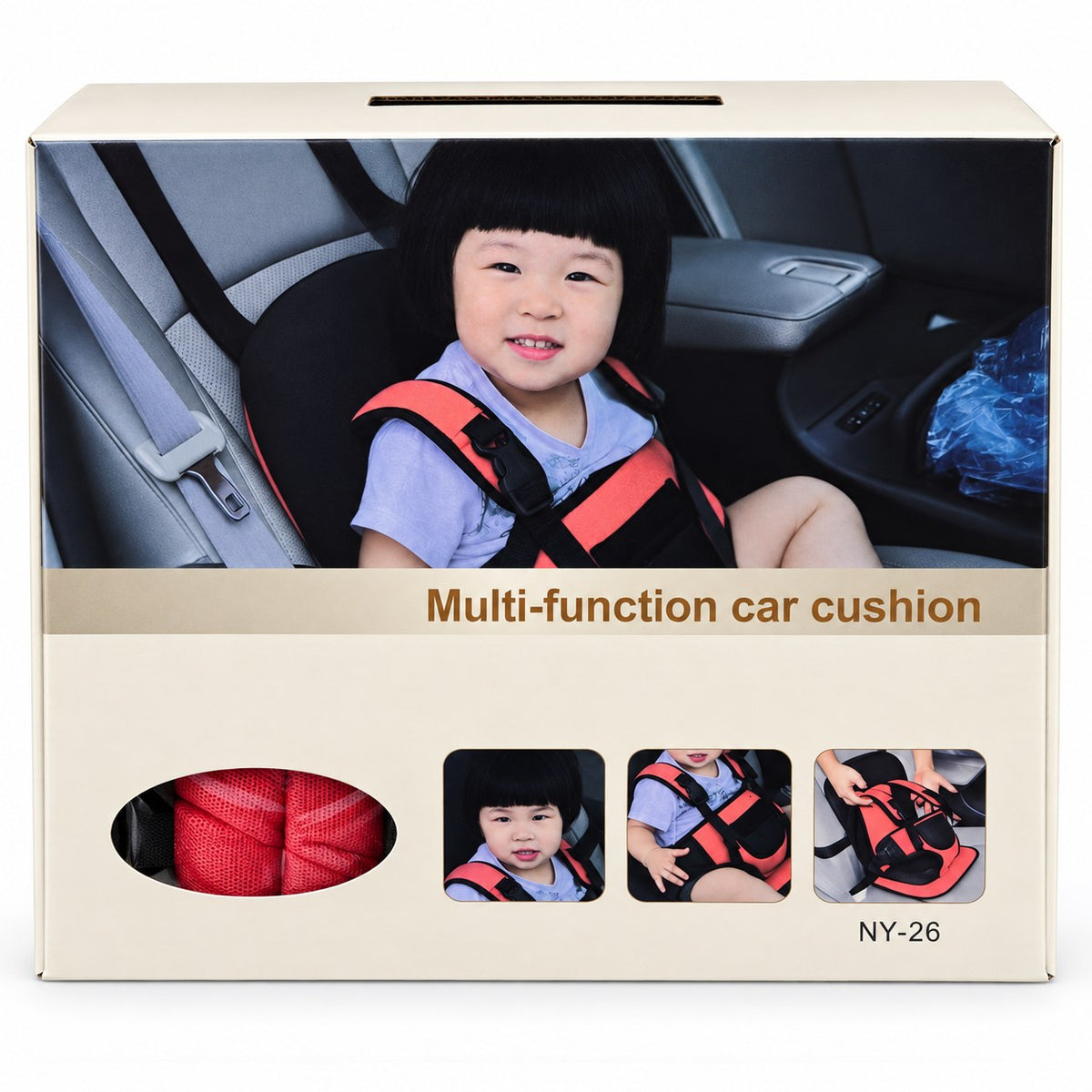 Boîte du coussin de voiture multifonction réf. NY-26 avec un enfant installé dessus