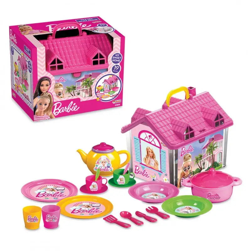 Maison de thé Barbie Dede ouverte avec son service à thé : théière, assiettes, tasses, casserole et couverts
