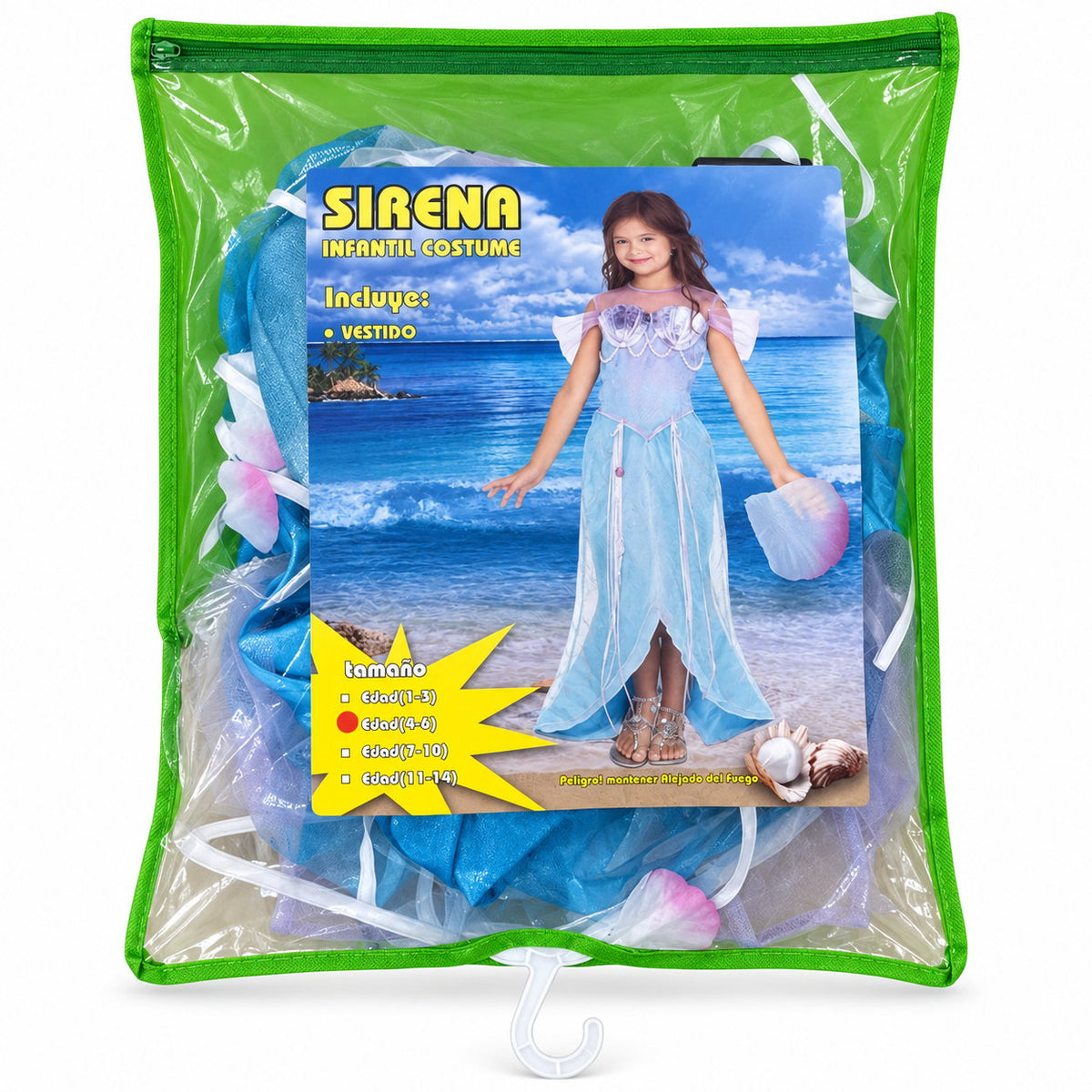 Emballage du déguisement de sirène : robe longue bleu lagon à bustier coquillages dans sa pochette zippée verte, tailles 1-3 à 11-14 ans