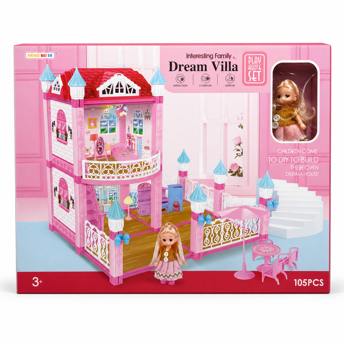 Boîte Dream Villa 105 pcs : maison de poupée 2 étages avec terrasse, mobilier et poupée, dès 3 ans
